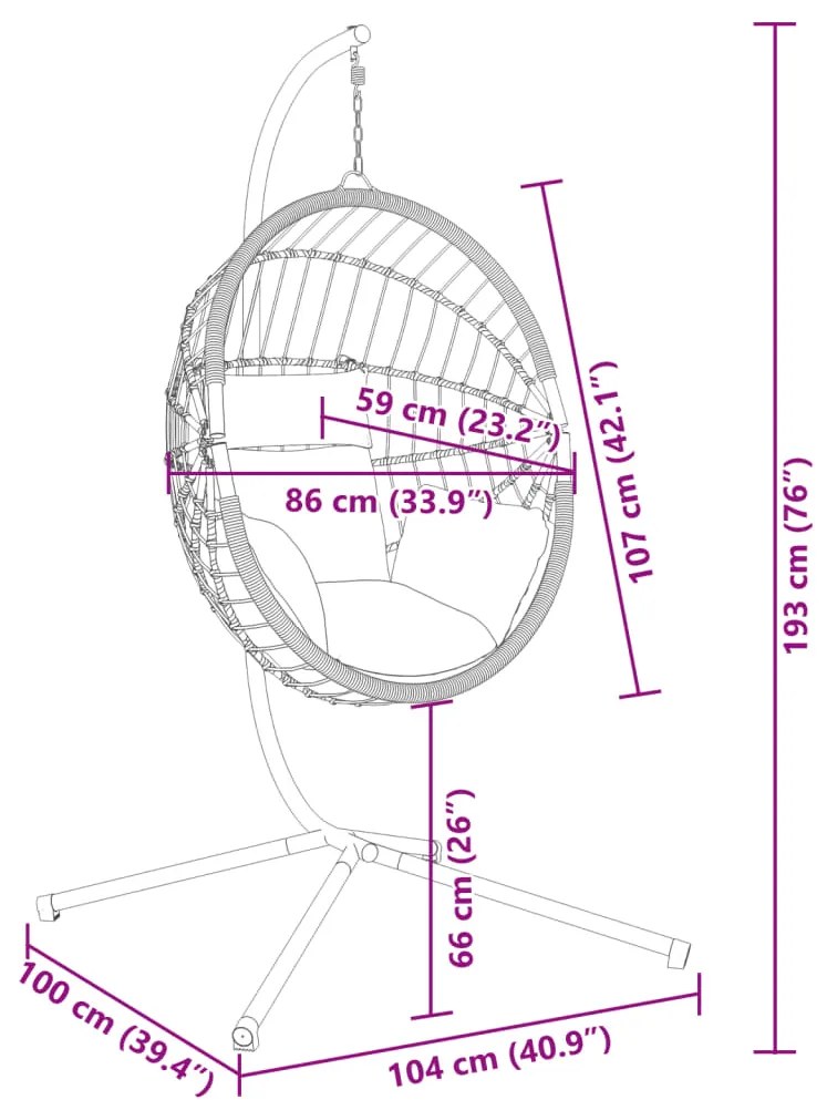 Cadeira em forma de ovo suspensa c/ suporte vime/aço cinzento