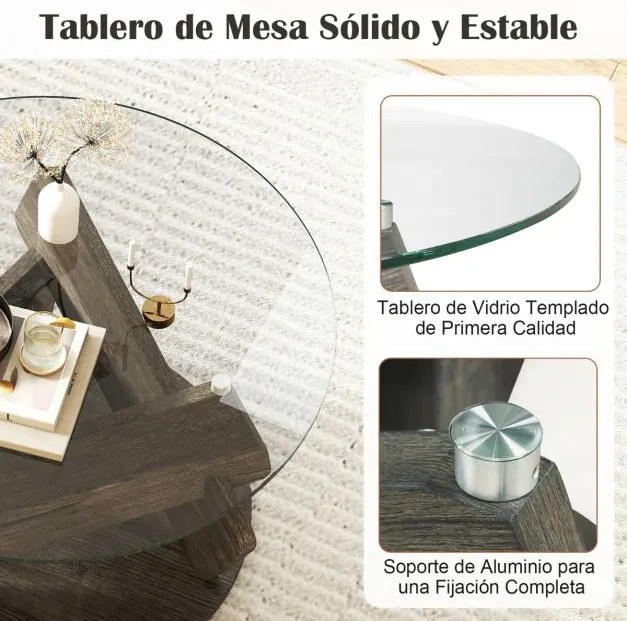 Mesa de centro redonda de cristal moderna de 81 cm com tampo em vidro temperado transparente, pés em madeira maciça cinzenta