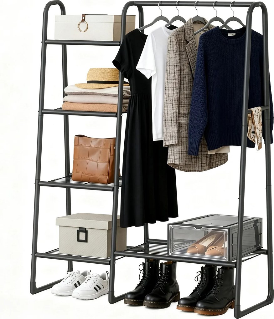 Guarda-roupa aberto, cabideiro com 5 prateleiras em metal 40 x 101,7 x 153,3 cm preto