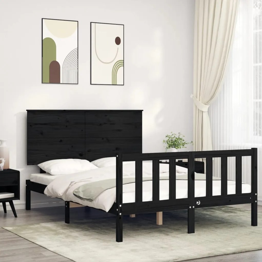 vidaXL Estrutura de cama com cabeceira 140x190 cm madeira maciça preto