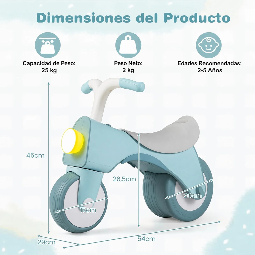 Bicicleta de Equilíbrio Infantil, 54 x 29 x 45 cm, Com Música e Luzes, Azul