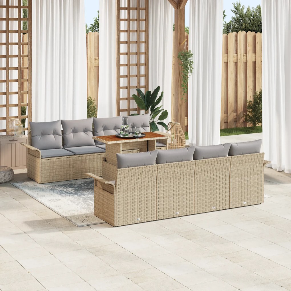vidaXL Conjunto de Sofás de Jardim 9 Peças com Almofadas Bege Rattan Polietileno Acácia