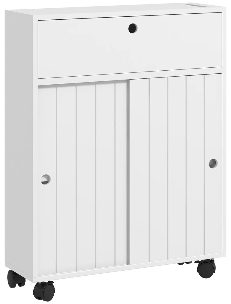 Armário Auxiliar Casa de Banho com 4 Rodas 2 Compartimentos para Papel Higiénico Prateleiras Ajustáveis 52x17x67 cm Branco