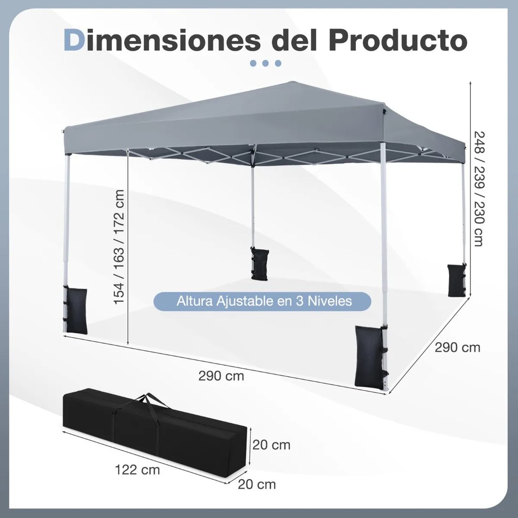 Tenda dobrável instantânea de 3x3 m com 4 pesos areia, saco de transporte, proteção solar e Estrutura de aço para jardim, festas, eventos, Cinzenta