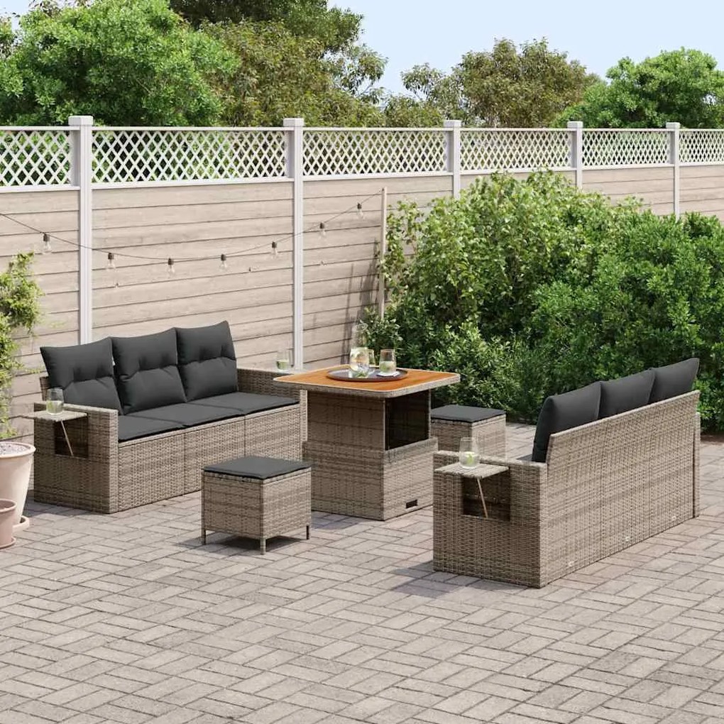 Conjunto de Sofás de Jardim com 9 peças, almofadas cinzas em rattan si