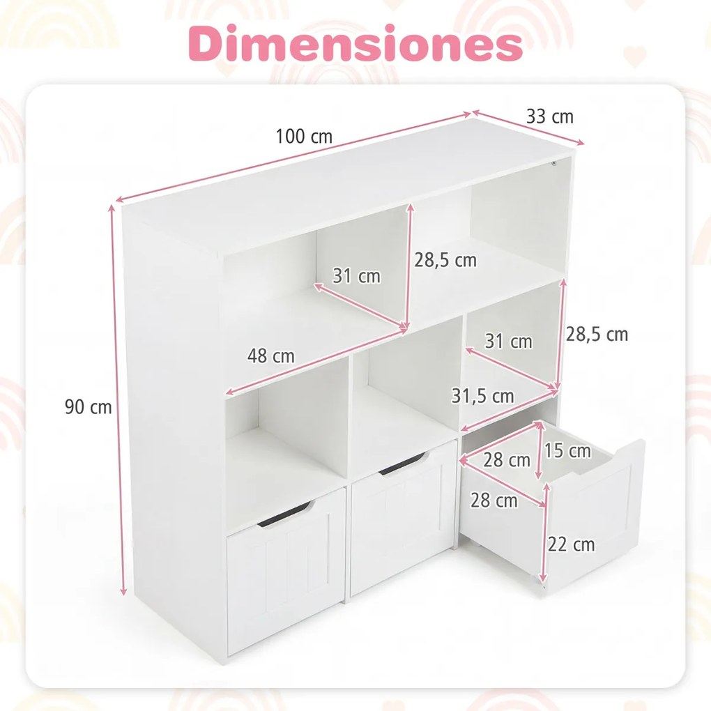Estante infantil para brinquedos 100 x 33 x 90 cm com 5 compartimentos abertos e 3 gavetas móveis – Organizador de brinquedos com rodas para sala de j