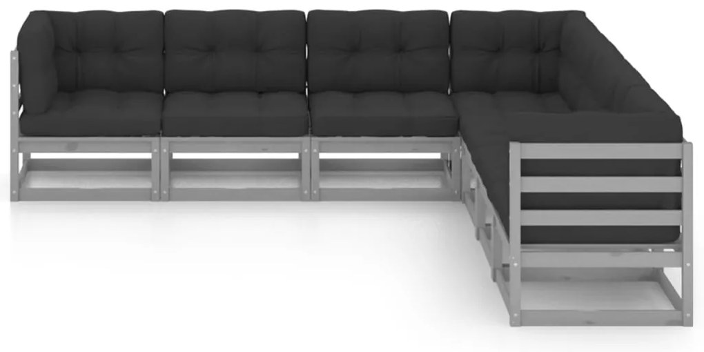 7pcs conjunto lounge de jardim c/ almofadões pinho maciço cinza