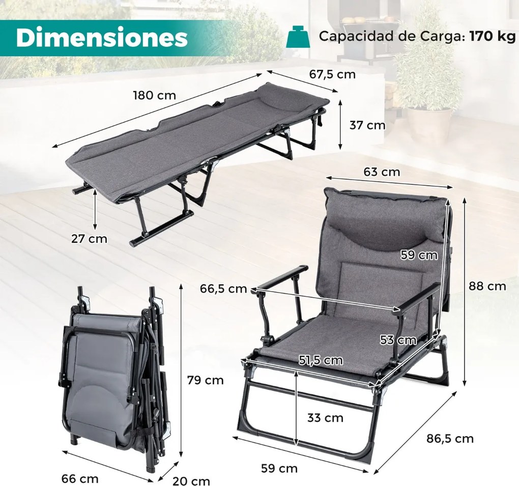 Espreguiçadeira jardim, campismo dobrável 3 em 1, com encosto ajustável em 6 posições, apoio para a cabeça e almofada, para uso interior e exterior, c