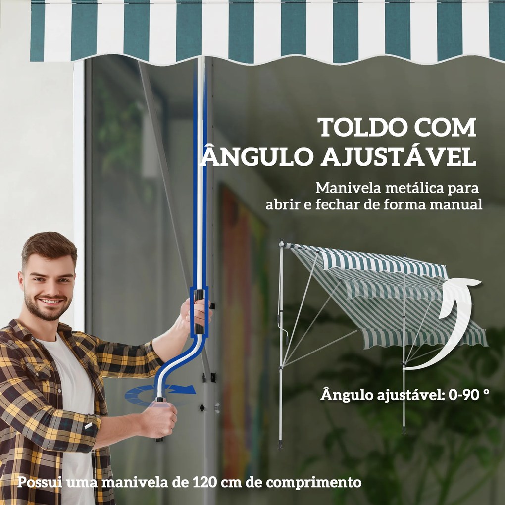 Toldo Manual Retrátil 200x150 cm com Manivela de Alumínio Ângulo Ajustável Proteção Solar para Varanda Verde e Branco