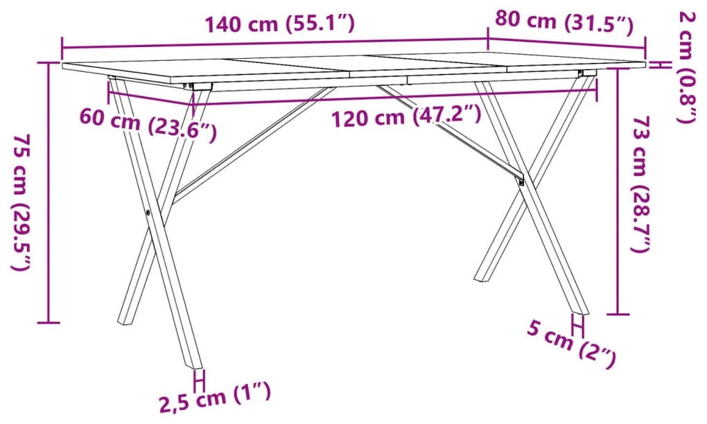Mesa de jantar estrutura em X 140x80x75cm pinho e aço