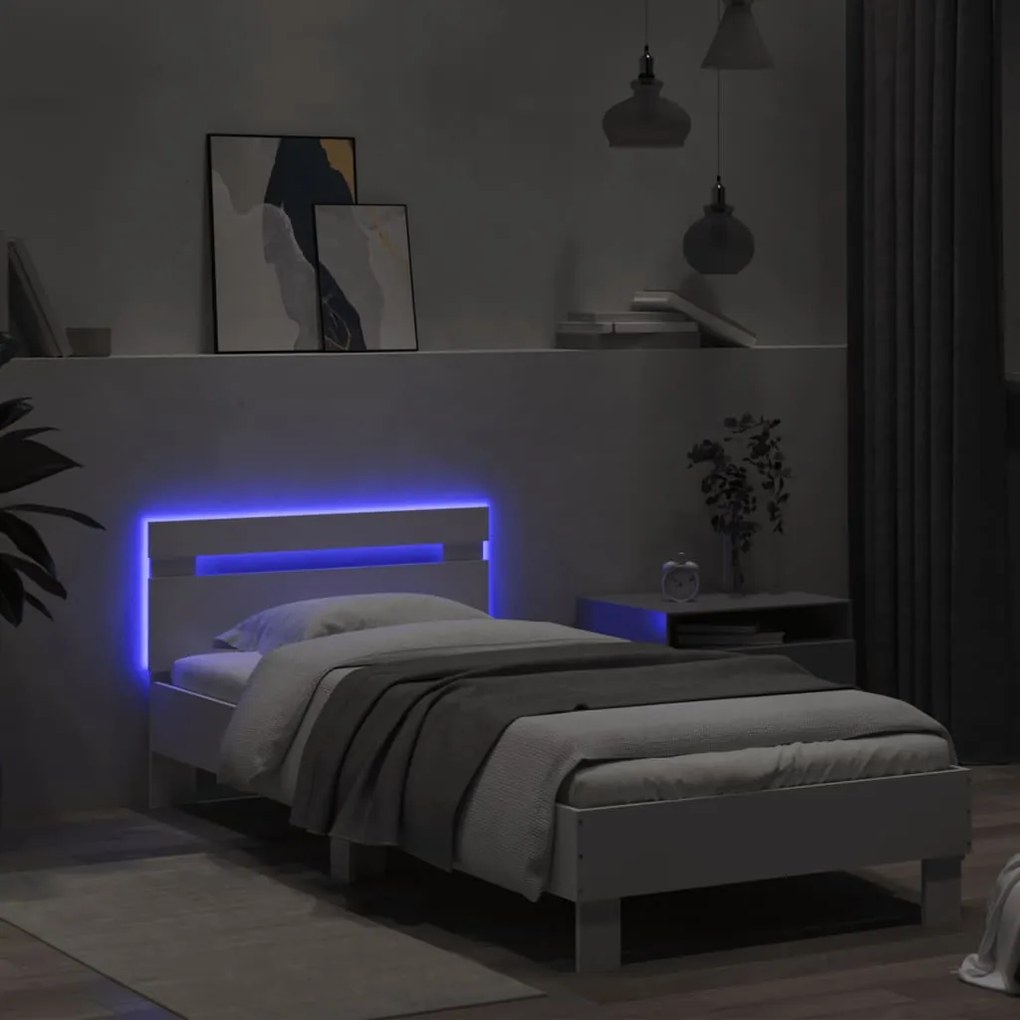 Estrutura de cama com cabeceira e luzes LED 90x200 cm branco