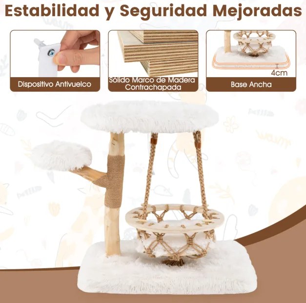 Arranhador para gatos 64 x 44 x 66 cm com berço suspenso, poste para arranhar em juta, plataforma acolchoada e pelúcia macia para interior Natural+Br
