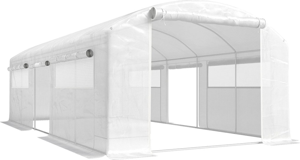 Estufa Túnel 6x3x2 m com 3 Portas Enroláveis, 6 Janelas com Rede e Estrutura de Aço Galvanizado Branco