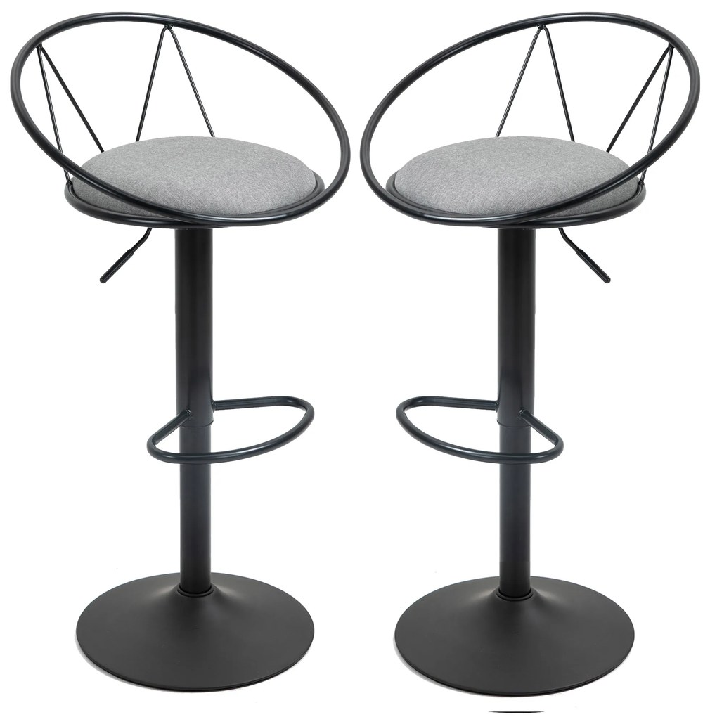 HOMCOM Conjunto de 2 Bancos de Bar estilo Neo Retro Ajustável Giratórios com Apoio para Os Pés em Metal Preto Linho Cinza | Aosom Portugal