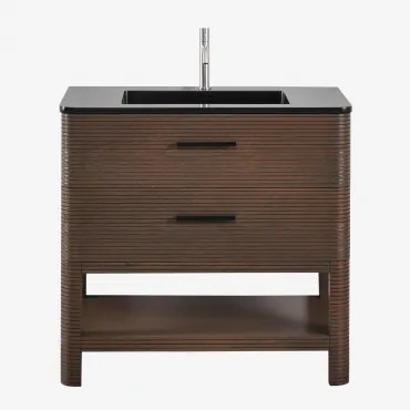 Conjunto De Móvel De Casa De Banho Em Madeira Com Lavatório Integrado Misene Madeira Escura & Sem Espelho & Cinzento Escovado - Sklum