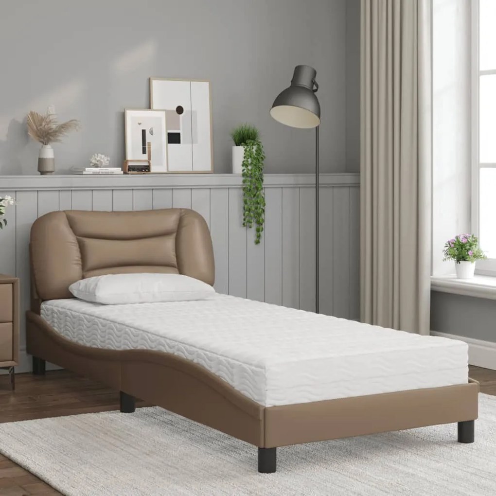 Cama com colchão 90x200 cm couro artificial cor cappuccino