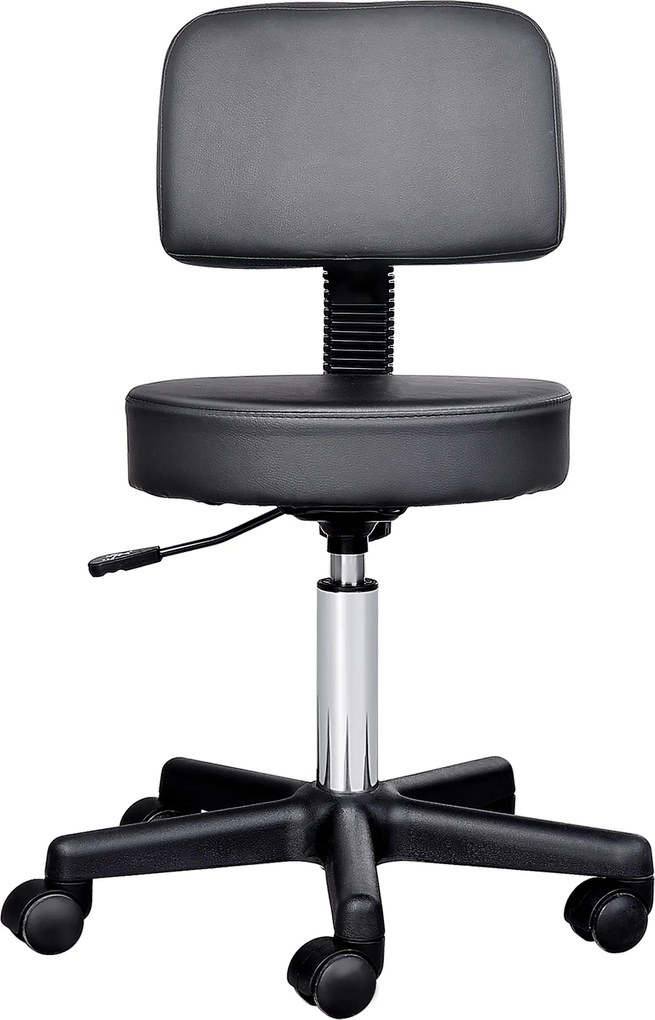 Banco de massagem com rodas, altura ajustável, giratório e encosto ergonómico, preto