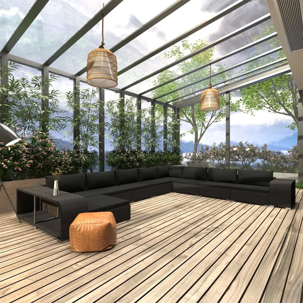 11 pcs conjunto lounge de jardim c/ almofadões vime PE preto