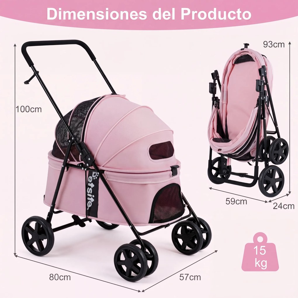Carrinho para Animais de Estimação, 80 x 57 x 100 cm, Dobrável, Rosa