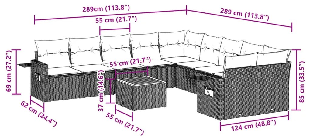 11 pcs conjunto sofás de jardim c/ almofadões vime PE preto