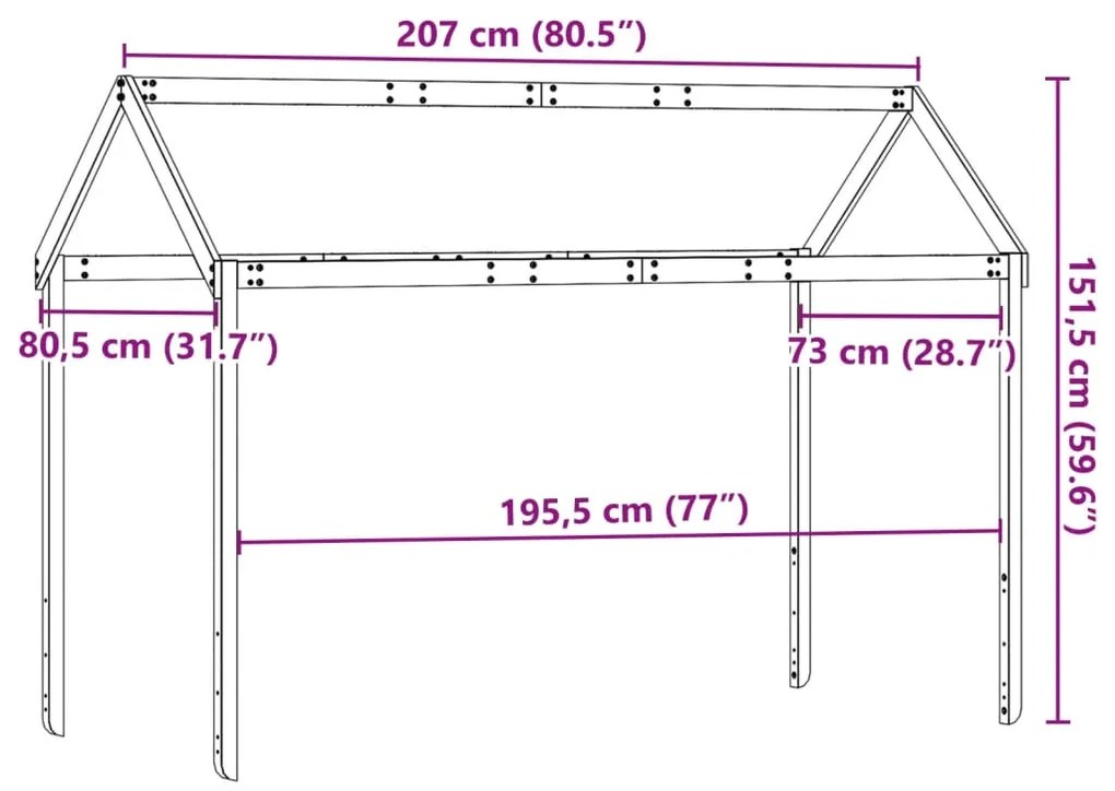 Telhado cama infantil 207x80,5x151,5 cm pinho castanho-mel