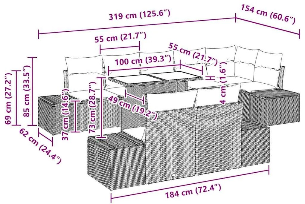 Conjunto de Sofá de Jardim de 9 Peças com Almofadas, Rattan Simples Ca