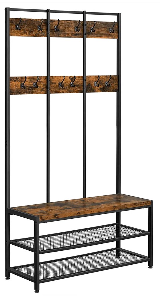 Cabideiro de hall com banco para sapatos em design industrial | VASAGLE | 100 x 40 x 184 cm | marrom antigo|preto | HSR86BX.