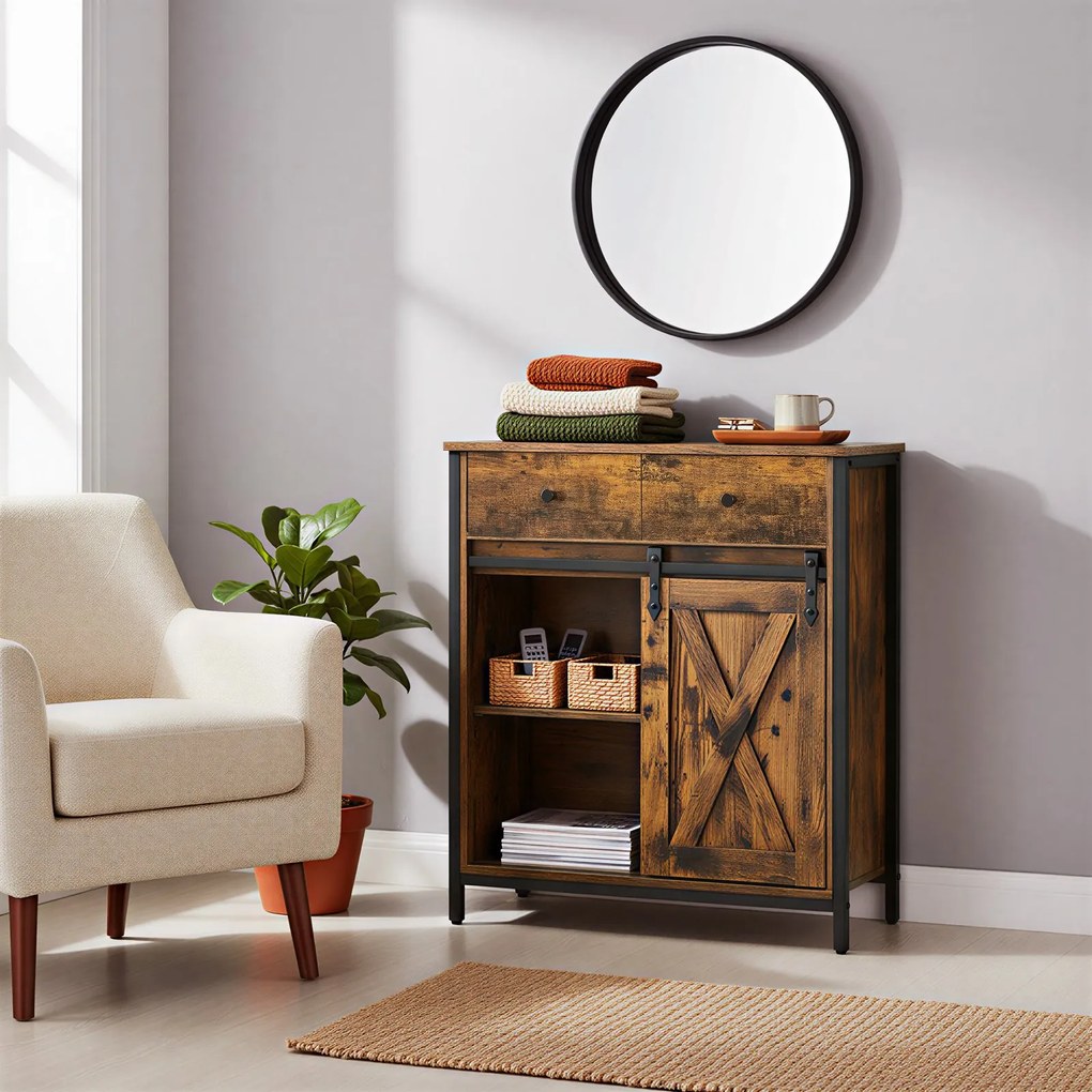 Aparador, Armário de cozinha, armário com porta de correr 70 x 30 x 80 cm castanho rustico-preto