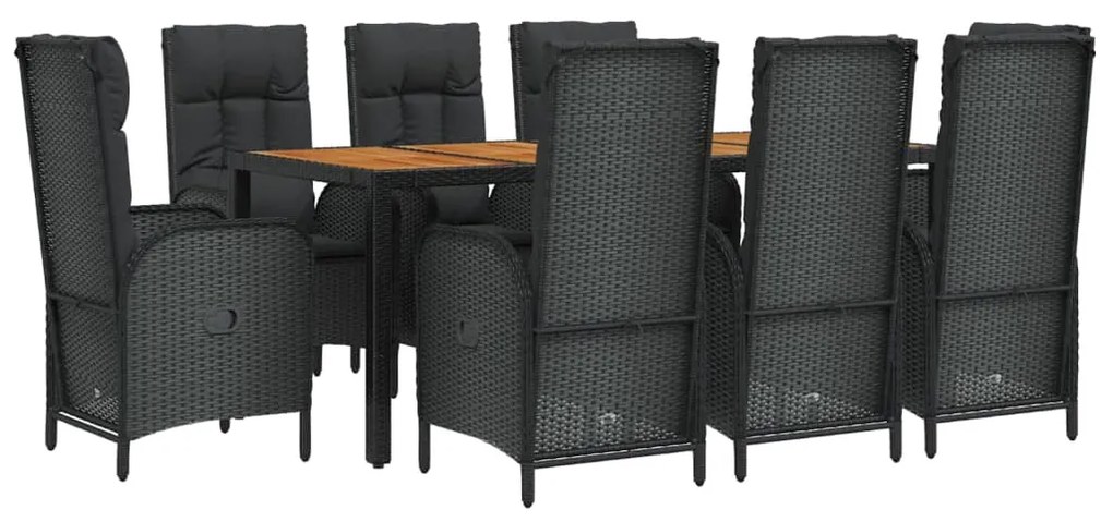 9 pcs conjunto de jantar p/ jardim c/ almofadões vime PE preto