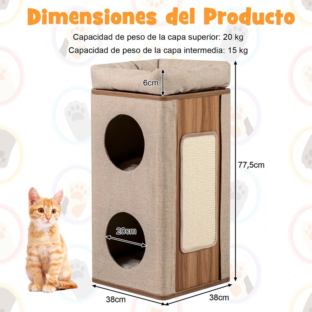 Casa para gatos de 3 andares 38 x 38 x 77,5 cm com tabuleiro para arranhar, 2 esconderijos e poleiro superior – – Natural e bege
