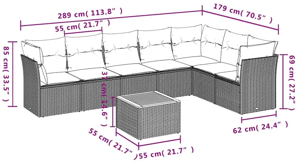 8 pcs conjunto sofás p/ jardim c/ almofadões vime PE cinzento