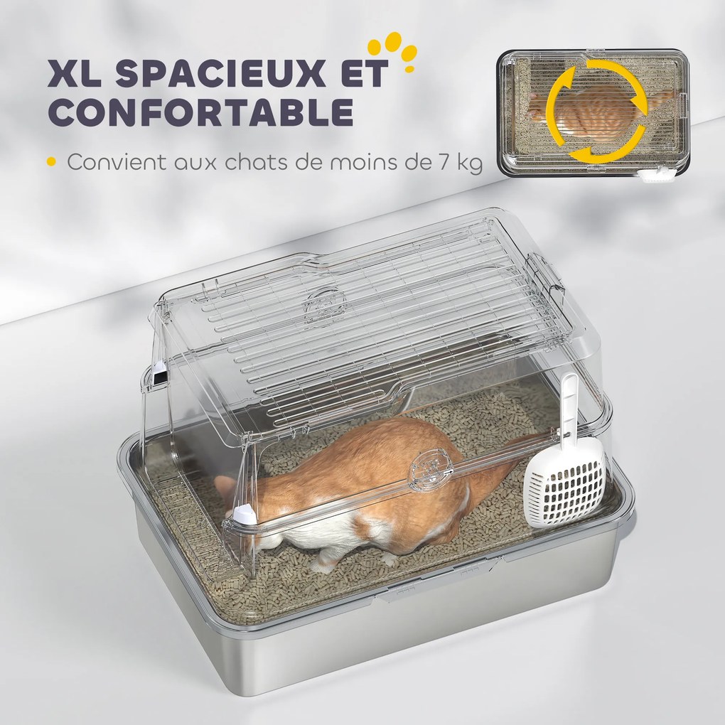 Caixa de areia fechada XL em aço inoxidável, casa de higiene para gatos de grande porte, 60,2 x 40,2 x 43,3 cm, cinzento claro
