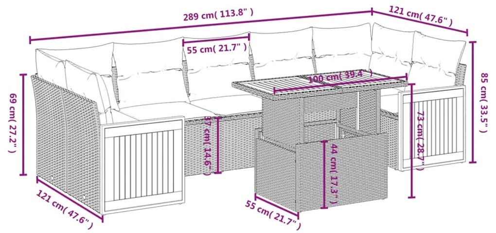 8 pcs conjunto de sofás p/ jardim com almofadões vime PE bege