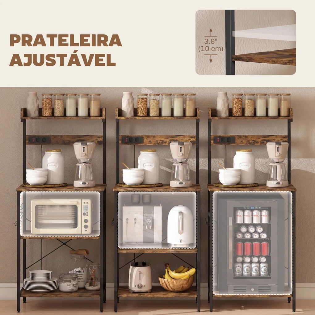 Armário de Cozinha com 2 Tomadas Prateleira para Micro-ondas Prateleira Ajustável Ganchos 60x42x137 cm Castanho Rústico