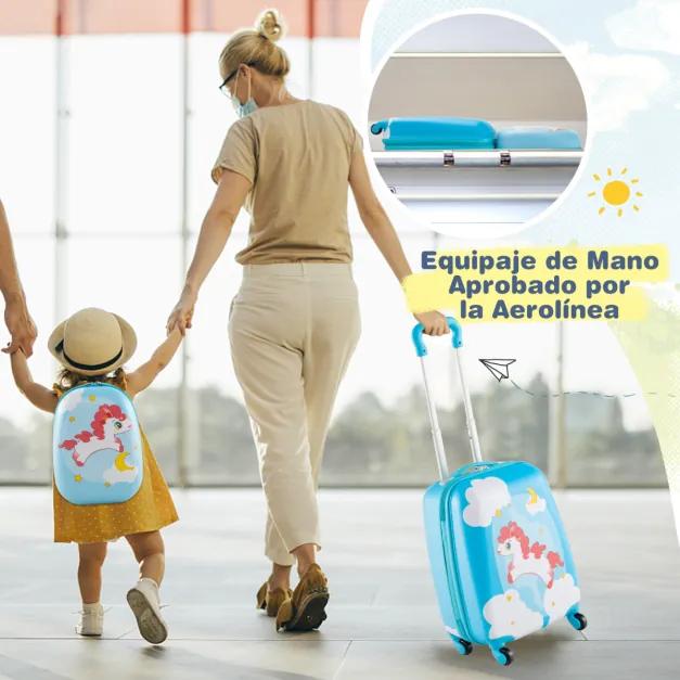 Conjunto de 2 malas de mão infantil com rodas, mala dura, mochila portátil, bagagem rolante Azul