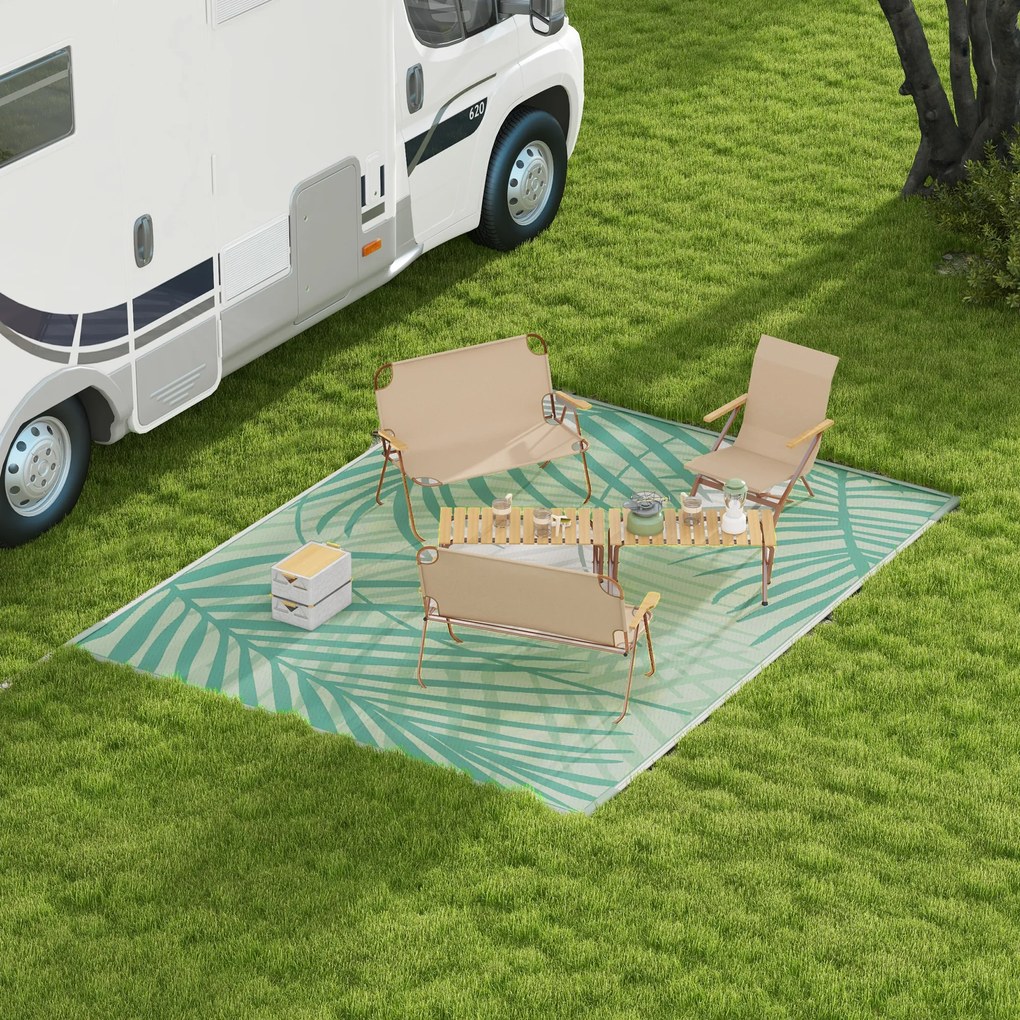 Tapete de jardim para exterior reversível, 365 x 274 cm, impermeável, com padrão de folhagem e saco de transporte, verde-creme