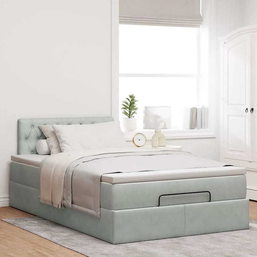 Cama otomana com colchão &amp; LEDs 120x190cm veludo cinza-claro