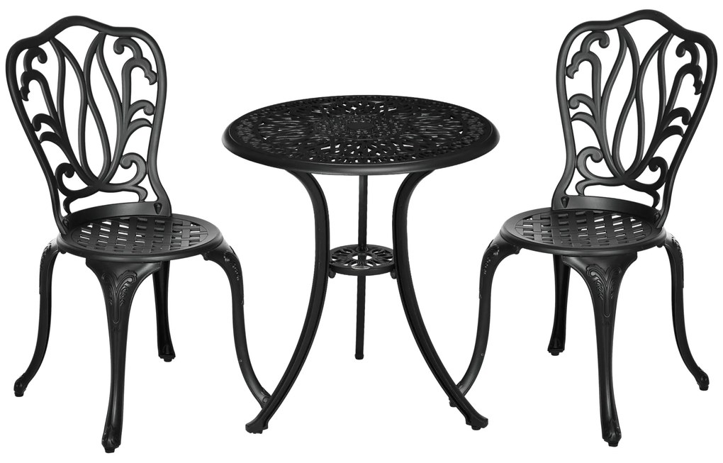 Outsunny Conjunto de Móveis de Jardim 2 Lugares 2 Cadeiras Mesa Redonda Estilo Charme Retrô em Alumínio Fundido Preto | Aosom Portugal