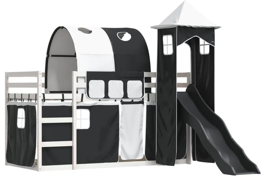Beliche com escorrega e cortinas 90x190 cm branco e preto