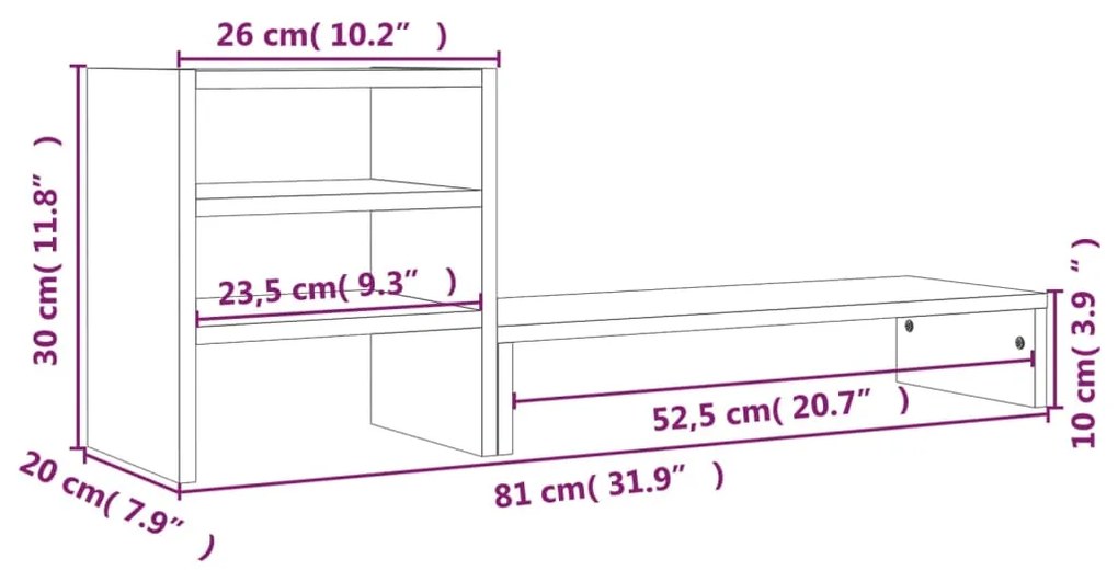 Suporte para monitor 81x20x30 cm madeira de pinho maciço branco