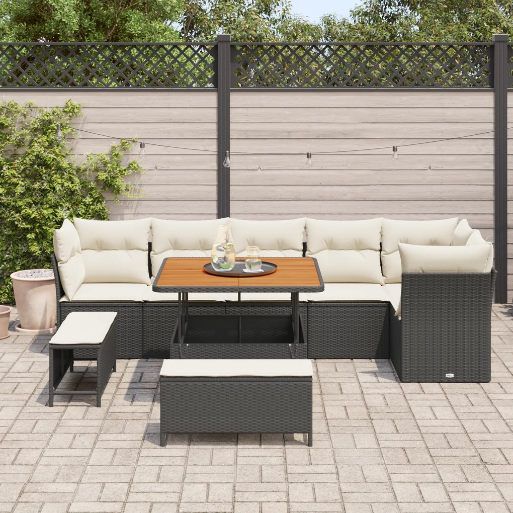 Conjunto de Sofá de Jardim vidaXL 9 Peças com Almofadas Preto Poliratt