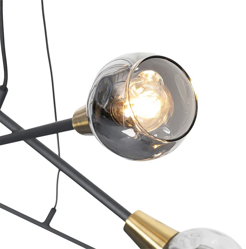 Candeeiro de suspensão preto com latão e vidro fumê 6 luzes - Vidro Moderno,Art Deco
