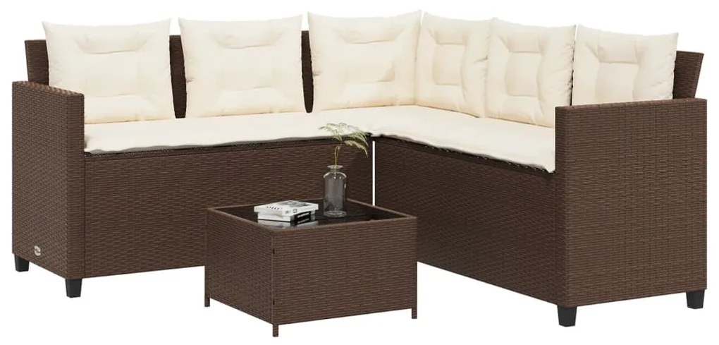 Sofá de jardim forma de L c/ mesa e almofadões vime PE castanho