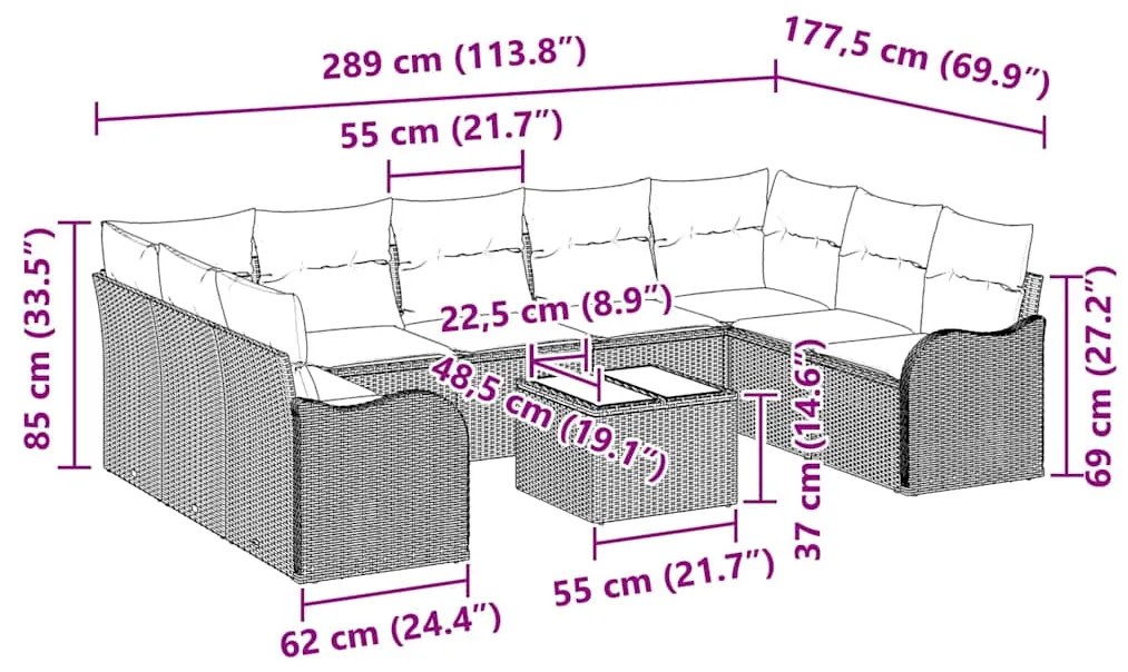 Conjunto de sofá de jardim com 9 peças e almofadas cinzas em poliratan