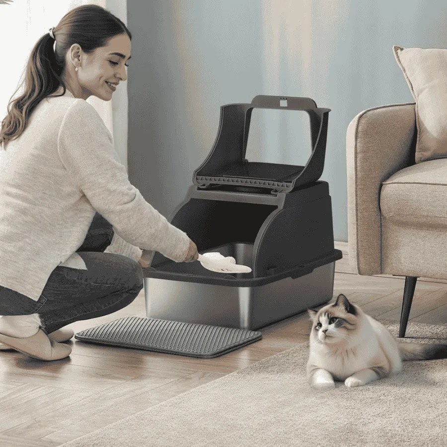 Caixa de areia em aço inoxidável com pá e escova para gatos grandes 61 x 41 x 36,5 cm Preto