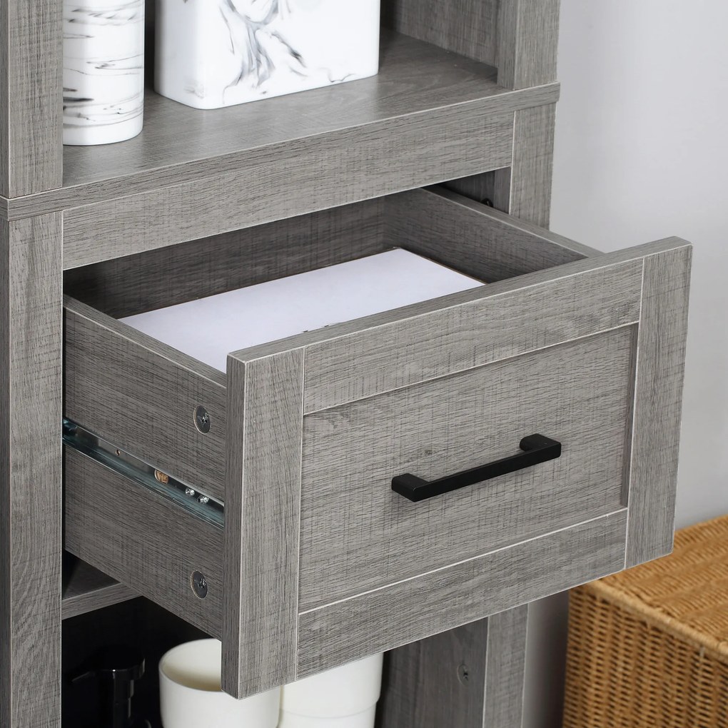 kleankin Coluna Casa de Banho com 1 Gaveta e Prateleiras Abertas Móvel Auxiliar de Armazenamento para Sala de Estar Dormitório Anti-Tombo 42x30x170cm Cinza