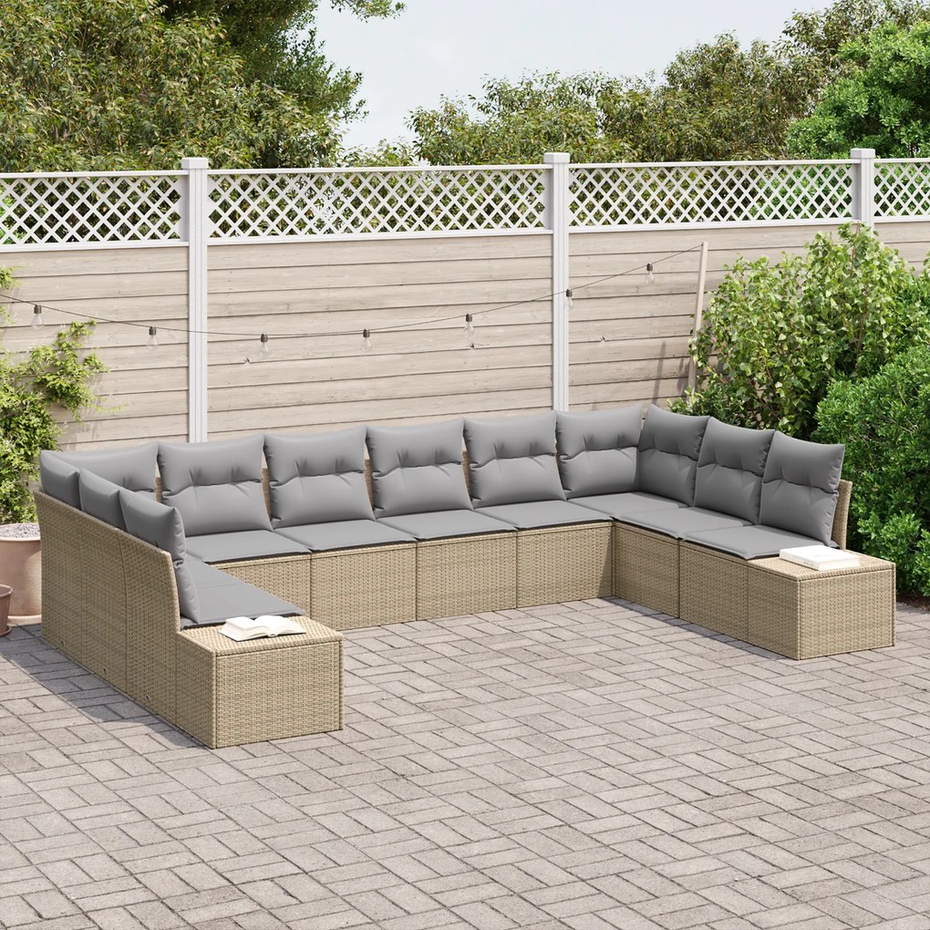 Conjunto de Sofá de Jardim de 10 Peças com Almofadas Bege Rattan Polié
