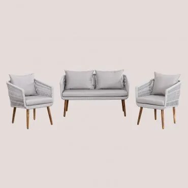 Conjunto De Jardim Com Sofá De 2 Lugares E 2 Poltronas Em Madeira De Acácia E Corda Trançada Estilo Barker Cinza - Sklum