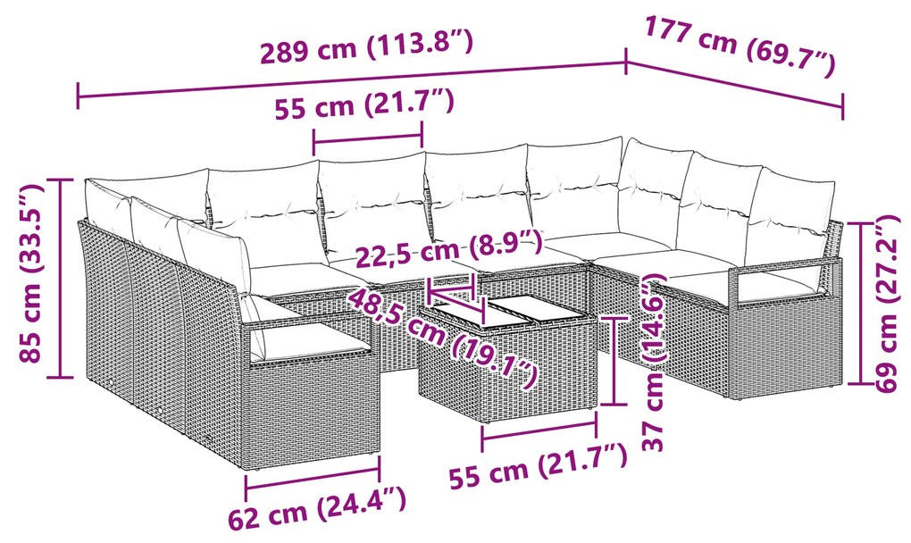 Conjunto de Sofá de Jardim com 9 Peças e Almofadas Cinza em Rattan Sin