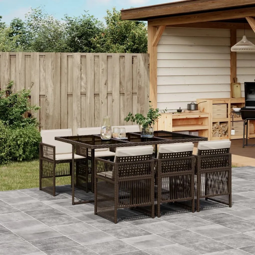 vidaXL 7 pcs conjunto jantar p/ jardim c/ almofadões vime PE castanho